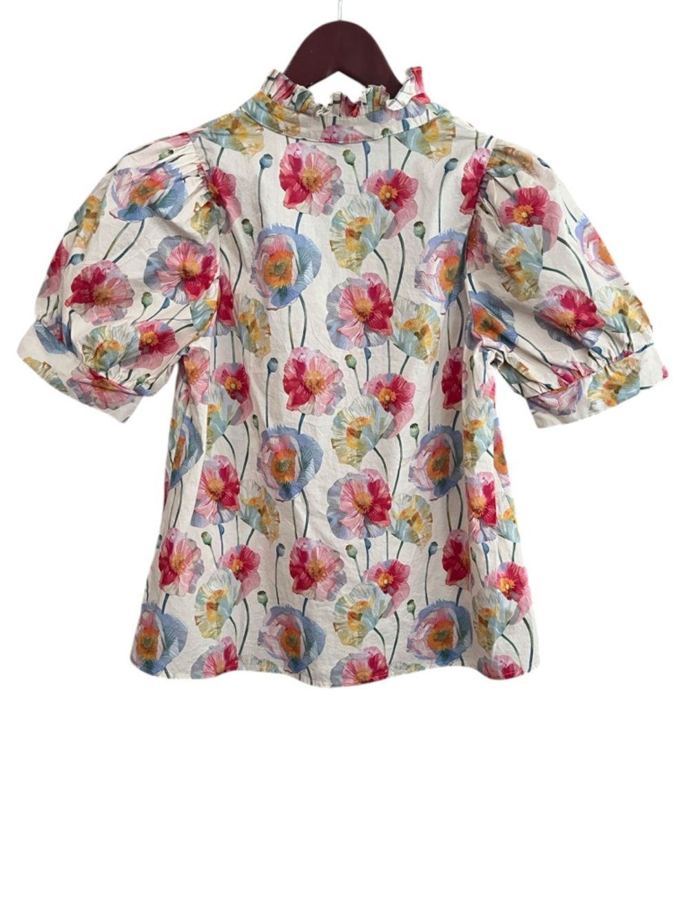 Entro Floral Poppy Ruffle Neck Puff Sleeve Blouse Size Small - Picture 3 of 13